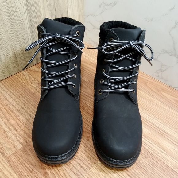 SofySofy Women Sz 9.5 EU 40 Black Combat Boot Lace Round Toe Low Heel Ankle - Picture 7 of 16